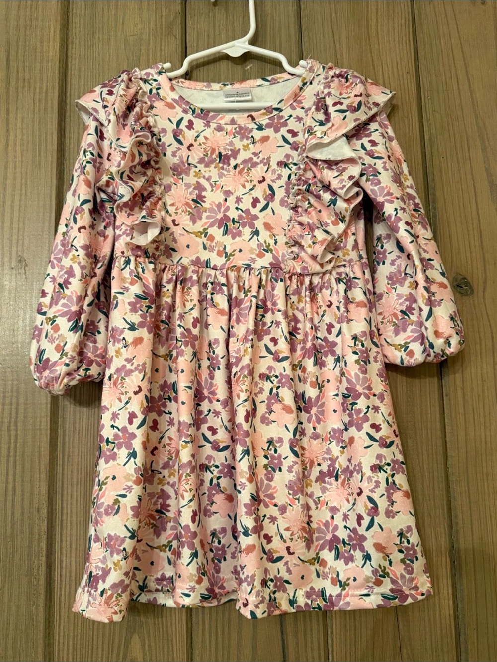 Girls' Pink Floral Ruffle Long-Sleeve Dress